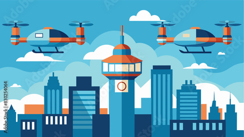 High above the city specialized eVTOLs fly in formation with air taxis seamlessly transferring fuel to keep them going.. Vector illustration