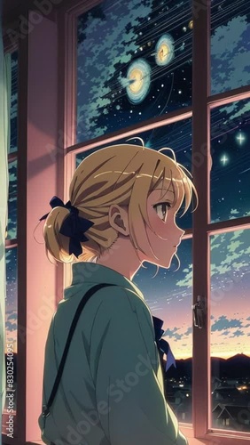 Anime girl looking out the window at the night sky, at night