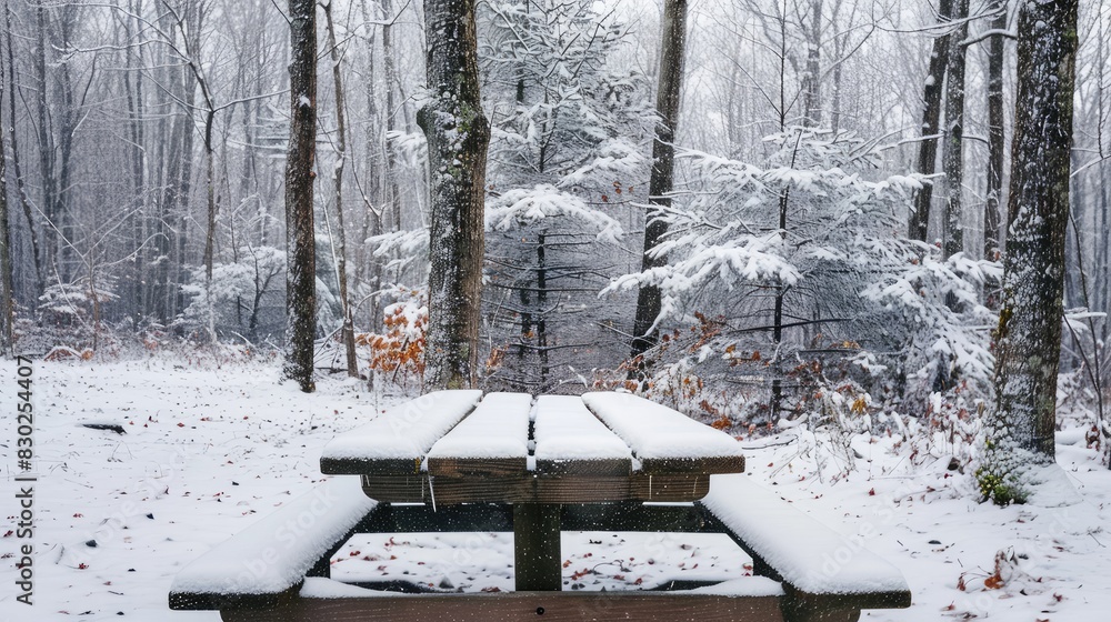 Winter Wonderland Snow Covered Wooden Picnic Table in a Forest Landscape