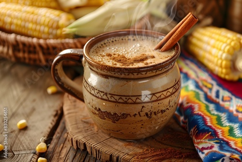 Steaming Hot Mexican Atole with Cinnamon Stick in Traditional Mug photo