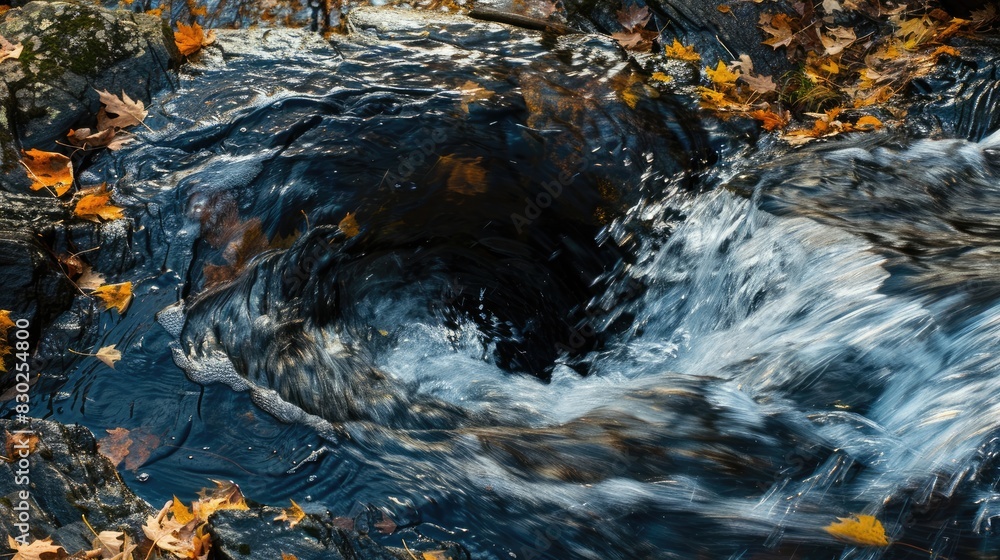 Whirlpool of water beneath a Maine waterfall during autumn