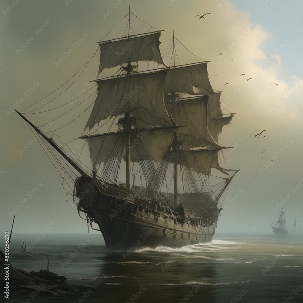 Obraz premium old ship on the sea, Flying Dutchman Forgotten Fleets, pirate ship, travel ship