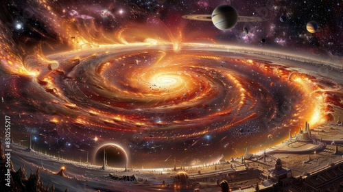  A man stands before a spiral galaxy rendering, teeming with countless stars and planets