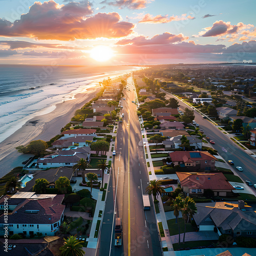 Aerial view of colorful sunrise sky over mission beach san diego with residential vacation homes, villas with nobody on the street isolated on white background, studio photography, png
 photo