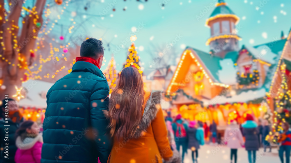 A couple enjoys a vibrant Christmas market, surrounded by festive lights, decorated stalls, and joyful holiday crowds. The scene is filled with the warmth and excitement of the season