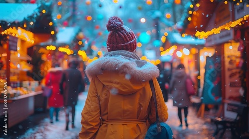 A person in a yellow winter coat with a fur-lined hood walks through a festive Christmas market at night, surrounded by warm, glowing lights and snowfall photo