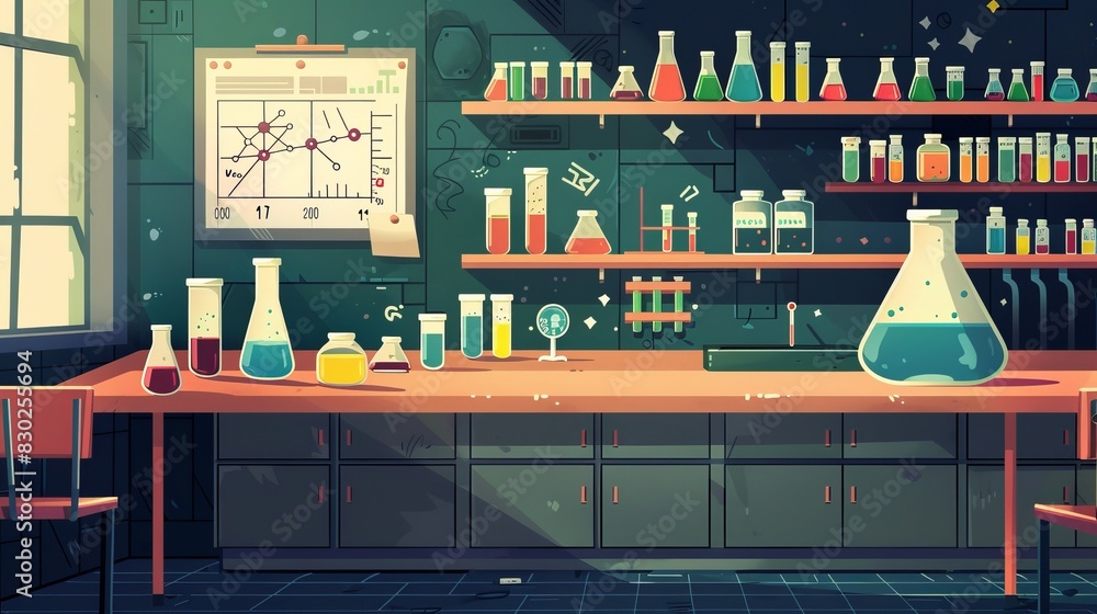A cartoon illustration of a chemistry classroom interior, featuring a ...