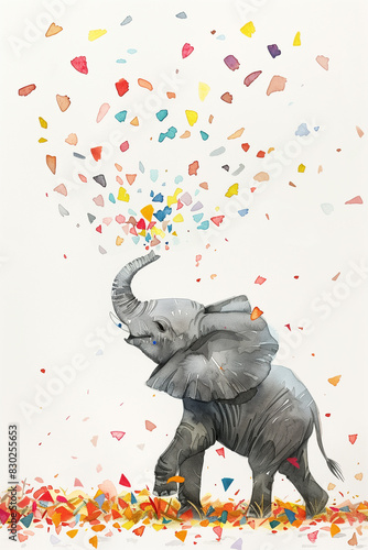 illustration of a few Confetti watercolor from an baby elephant's trunk, Birthday Card