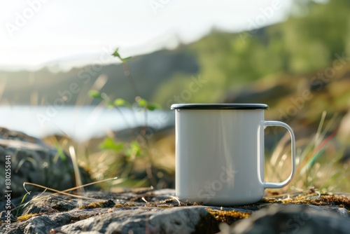 Close up white enamel mug in lake, summer hiking camp. Generative AI