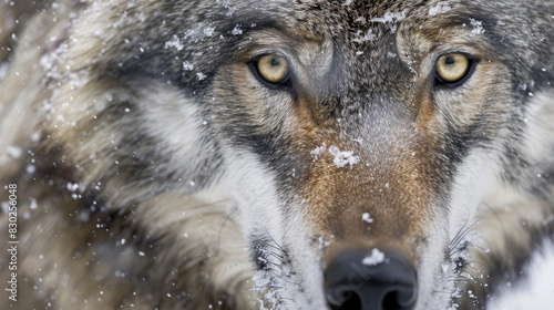 Close up portrait of a Gray wolf Canis lupus with snow on it s nose and snowflakes on it s fur Ely, Minnesota, United States of America 