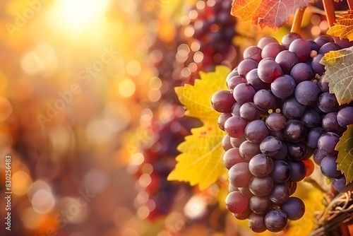Close-up of ripe grapes on the vine  with vibrant autumn leaves in the background.