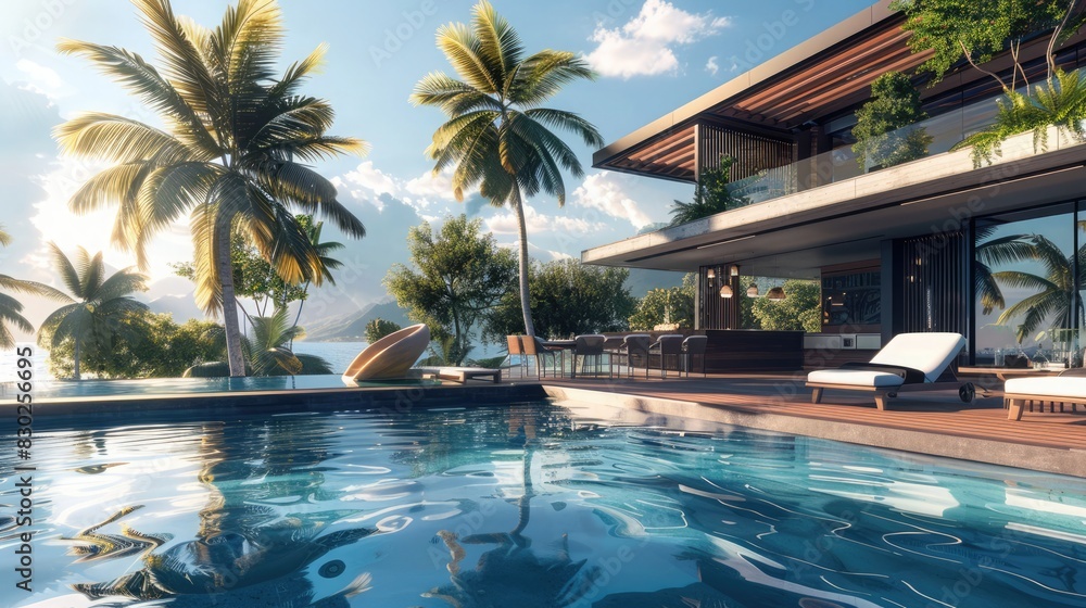 Obraz premium Elegant luxury residence pool area with sleek design, swim-up bar, island oasis. Luxury villa with swimming pool