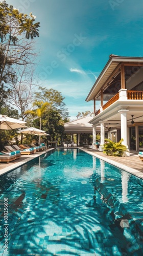 Elegant two-story luxury villa boasting large blue pool with sun loungers and umbrellas. Luxury villa with swimming pool © cvetikmart