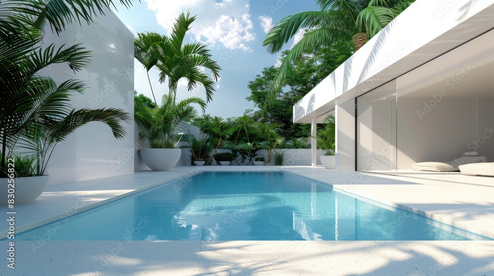 Luxury villa with indoor-outdoor pool and palm tree surroundings. Luxury villa with swimming pool
