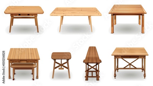 Three-dimensional tables, kitchen furniture stands, desks with platforms and legs, office plastic stages, and dining wooden tabletops, isolated for showroom display