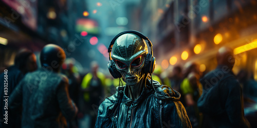 crazy alien space dj with headphones photo