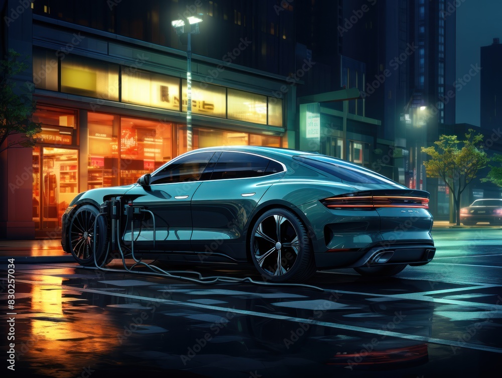 Futuristic electric car 3d illustration. Modern Electric Vehicle with neon lights. Electric Vehicle. Futuristic electric car. Electric cars of the future, 3d illustration.	

