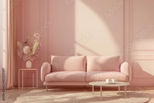 Soft pink interior with modern sofa and floral decor