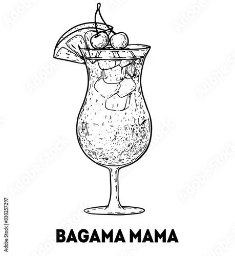 Bahama Mama cocktail illustration. Hand drawn sketch. Vector illustration. Isolated object.