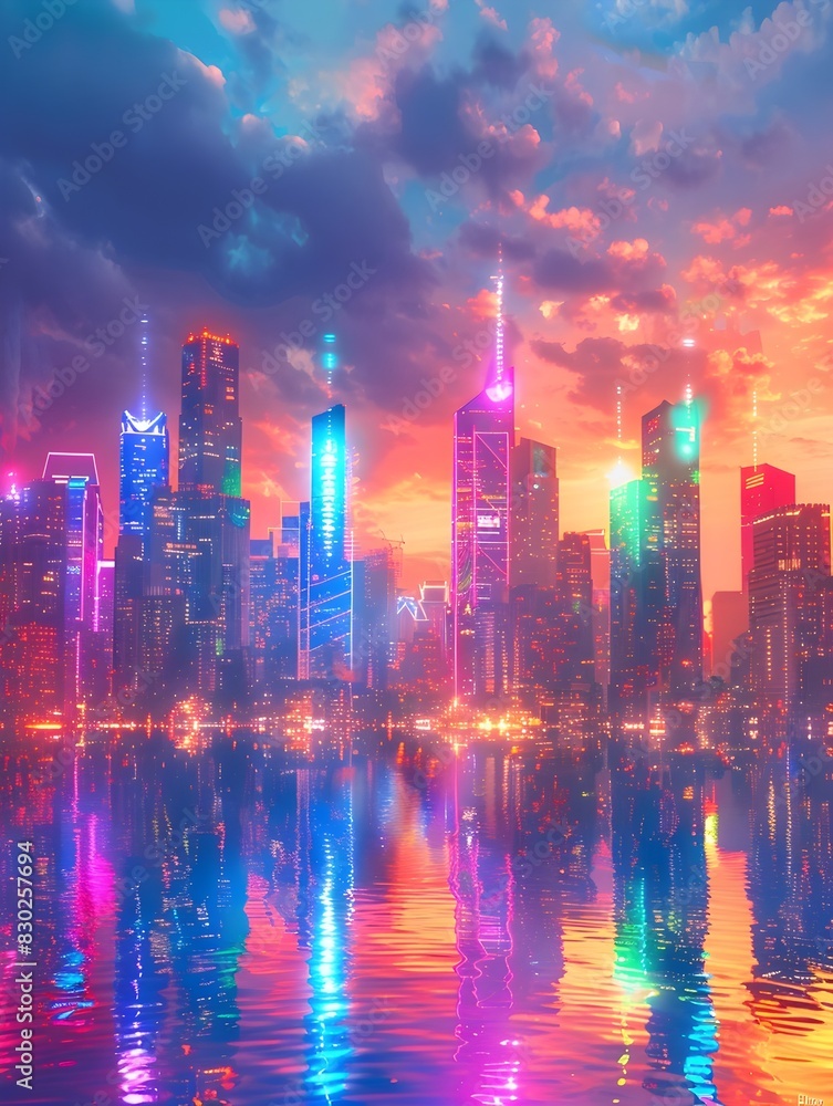 Obraz premium Vibrant Cityscape Radiating with Colorful Lights Celebrating the LGBTQ Community s Presence and Diversity