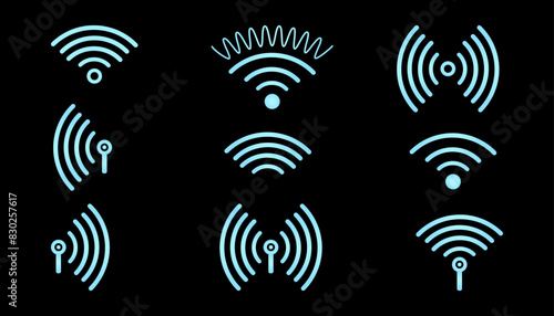 Wi-Fi Blue Wireless signal. Sensor Symbol of neon glow effect. Icon Set of Wireless sound wave. Technology Internet router, Sonar sound. Vector isolated illustration.