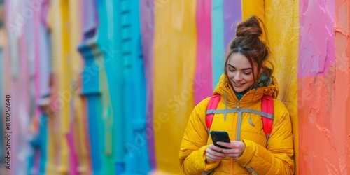 Traveler Texting by Colorful Wall. Young woman in a yellow jacket texting on her phone  standing by a vibrant  colorful wall  exuding travel vibes. Banner with copy space