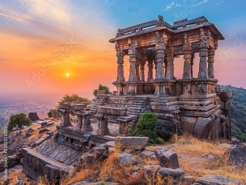 The ruins of an ancient temple perched atop a rugged hill, its crumbling columns and faded carvings hinting at a glorious past. Against the backdrop of a colorful sunset, 