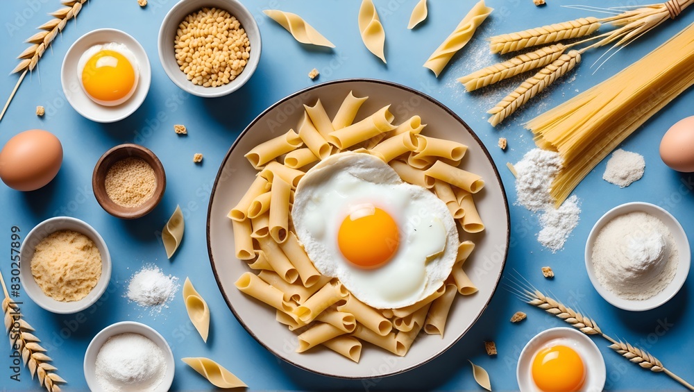 Making pasta with flour and eggs, ingredients on table. Cooking concept. Flat lay, top view. Making pasta with flour and eggs, ingredients on table. Cooking concept. Flat lay, top view.