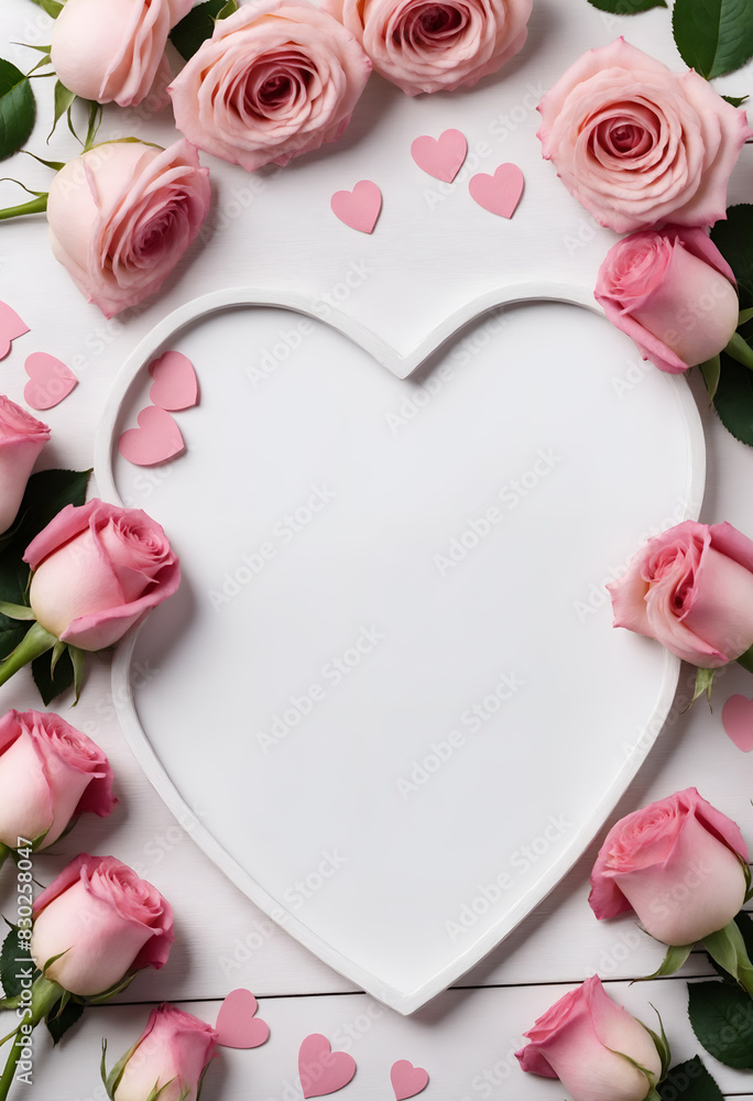 Pink rose flowers and heart with space for text Pink rose flowers and heart with space for text