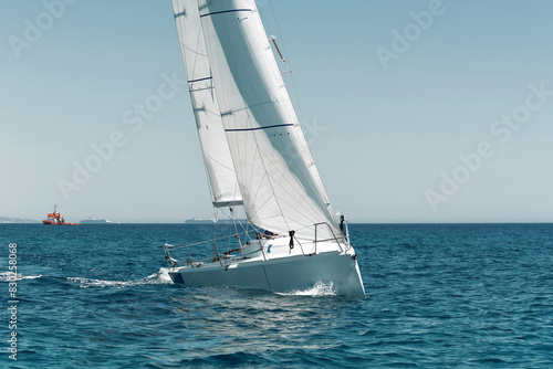 Yachting team competes in a regatta, gliding through the calm mediterranean sea