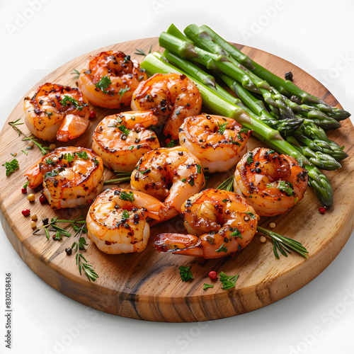 Fried shrimps with garlic and parsley in olive oil and cooked green asparagus on wooden table isolated on white background, realistic, png
 photo