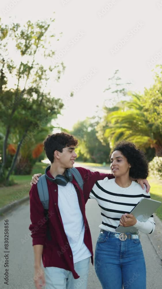 Vertical video of a cheerful young student friends hugging and talking as they walk along a tree-lined path on the university campus. Education and friendship concept Vertical video of a cheerful young student friends hugging and talking as they walk along a tree-lined path on the university campus. Education and friendship concept