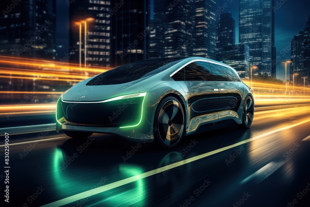 Futuristic electric car 3d illustration. Modern Electric Vehicle with neon lights. Electric Vehicle. Futuristic electric car. Electric cars of the future, 3d illustration.	