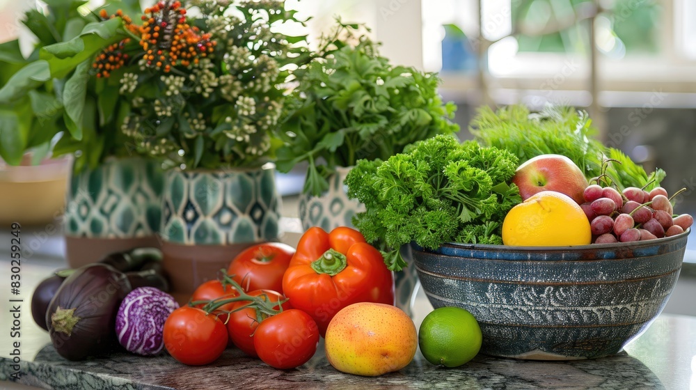 Ingredients for a salad fruits and vegetables displayed on the kitchen counter Ingredients for a salad fruits and vegetables displayed on the kitchen counter