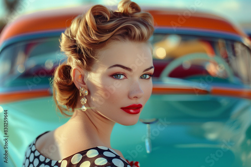 1950s Vintage Car: Beautiful Woman with Victory Rolls and Polka Dot Dress