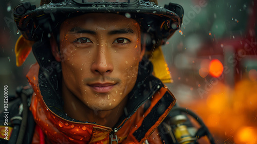 determined resilient Male Asian firefighter bravely serving his community courage selflessness readiness expertise responds emergency rescue life protects property harm His commitment public safety co