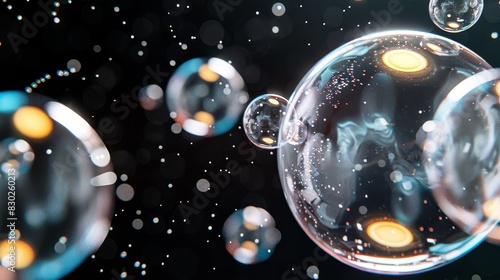  A cluster of bubbles aligning above one another against a dark backdrop, adorned with numerous smaller bubbles rising amongst them photo