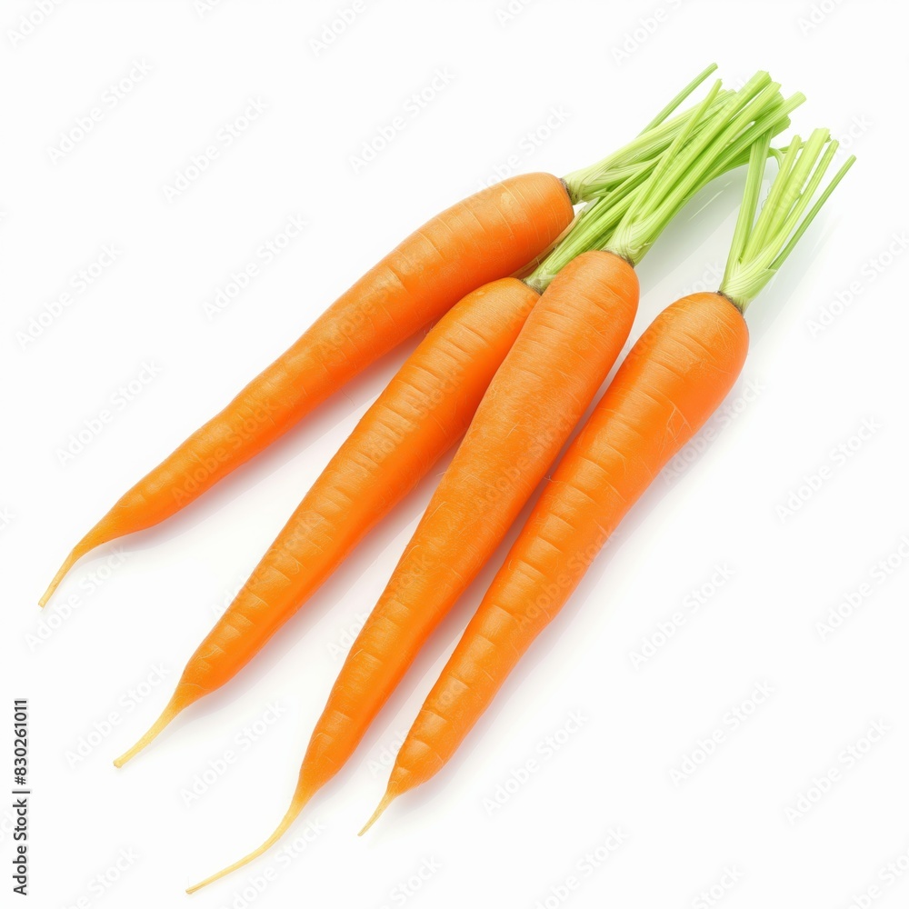 Four fresh orange carrots with green tops perfectly centered on a white background Four fresh orange carrots with green tops perfectly centered on a white background