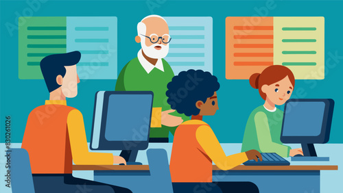In the computer lab older students patiently teach their mentees how to use online resources and tools to research and write papers more efficiently.. Vector illustration