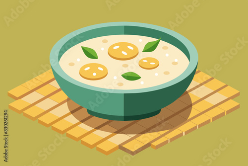 bowl of Vietnamese corn pudding garnished with coconut flakes and small tapioca pieces on a bamboo mat, traditional Vietnamese kitchen