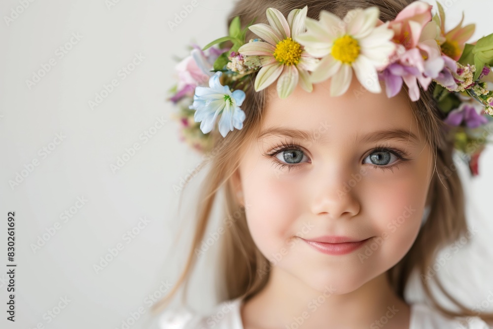 Portrait of a young girl adorned with a delicate floral wreath, showcasing her innocent beauty with a serene expression on a soft, light background