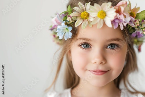 Portrait of a young girl adorned with a delicate floral wreath, showcasing her innocent beauty with a serene expression on a soft, light background © Enigma