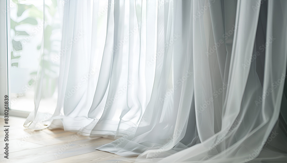 Light grey window curtains and white tulle indoors