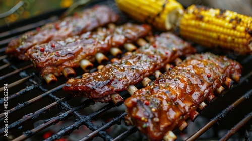 Grilled BBQ Ribs and Corn on the Cob on a Grill