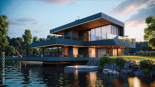 modernist house by the river, Modern exterior design of advanced luxury home, 3D Rendering, © Perecciv