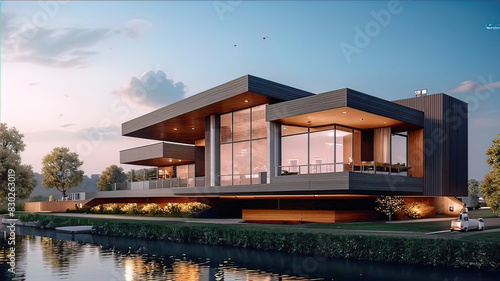modernist house by the river, Modern exterior design of advanced luxury home, 3D Rendering, photo