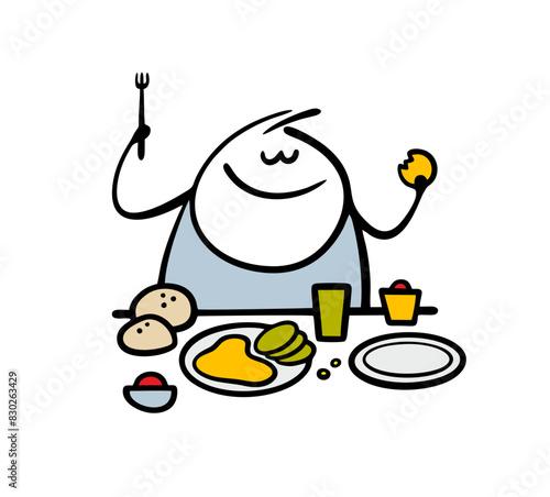Fat restaurant customer is sitting at a table, holding a fork. Vector illustration of lunch and lots of food. Isolated cartoon funny character hand drawn on white background.