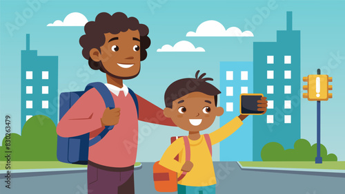 A parent and child snap a photo on a busy street corner capturing the excitement of the hustle and bustle of the first day of school as they embark on their journey together.. Vector illustration
