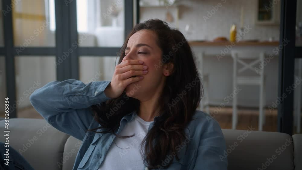 Exhausted tired fatigued overworked Caucasian woman female girl homeowner housewife sleepy fall down on sofa sit couch yawn stretching arms stretch yawning lazy lady sleeping at home health problem Exhausted tired fatigued overworked Caucasian woman female girl homeowner housewife sleepy fall down on sofa sit couch yawn stretching arms stretch yawning lazy lady sleeping at home health problem