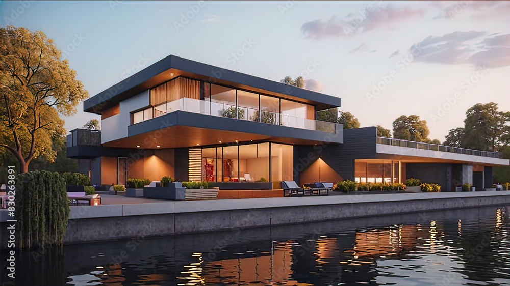 modernist house by the river, Modern exterior design of advanced luxury home, 3D Rendering, modernist house by the river, Modern exterior design of advanced luxury home, 3D Rendering,
